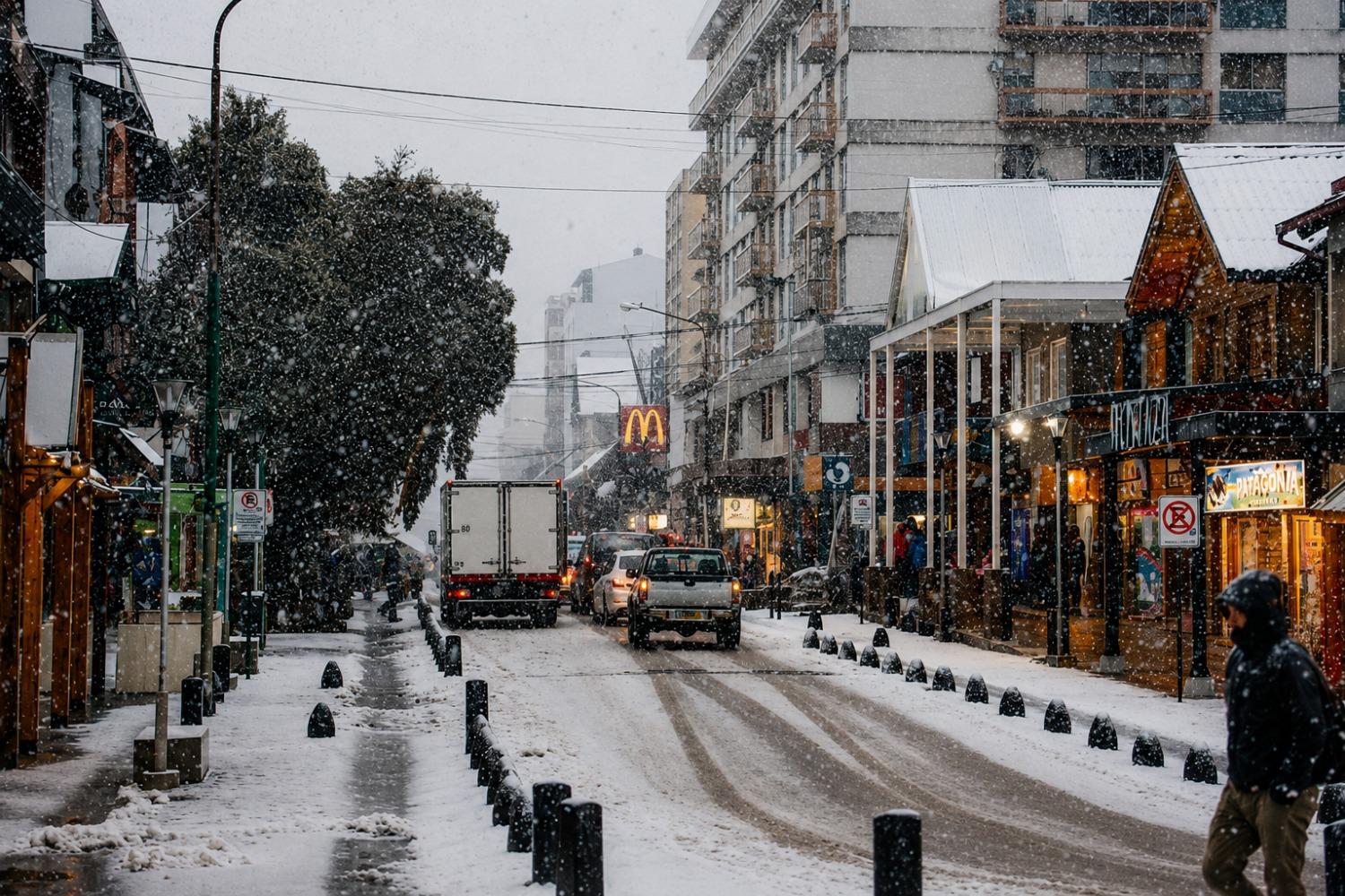 calle en bariloche nevando para recorrer con auto alquilado en hertz